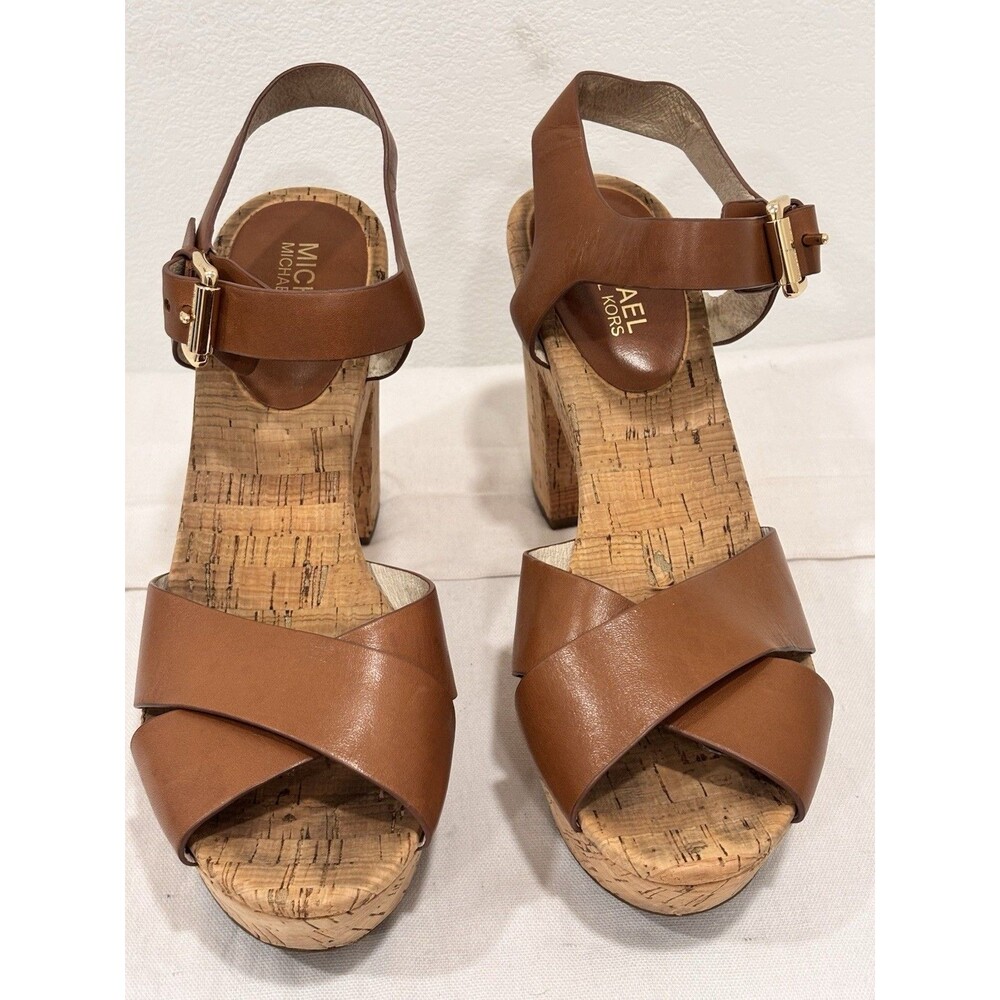 MICHAEL KORS Natalia Walnut Leather Platform Sandals Heels Shoes 9.5M